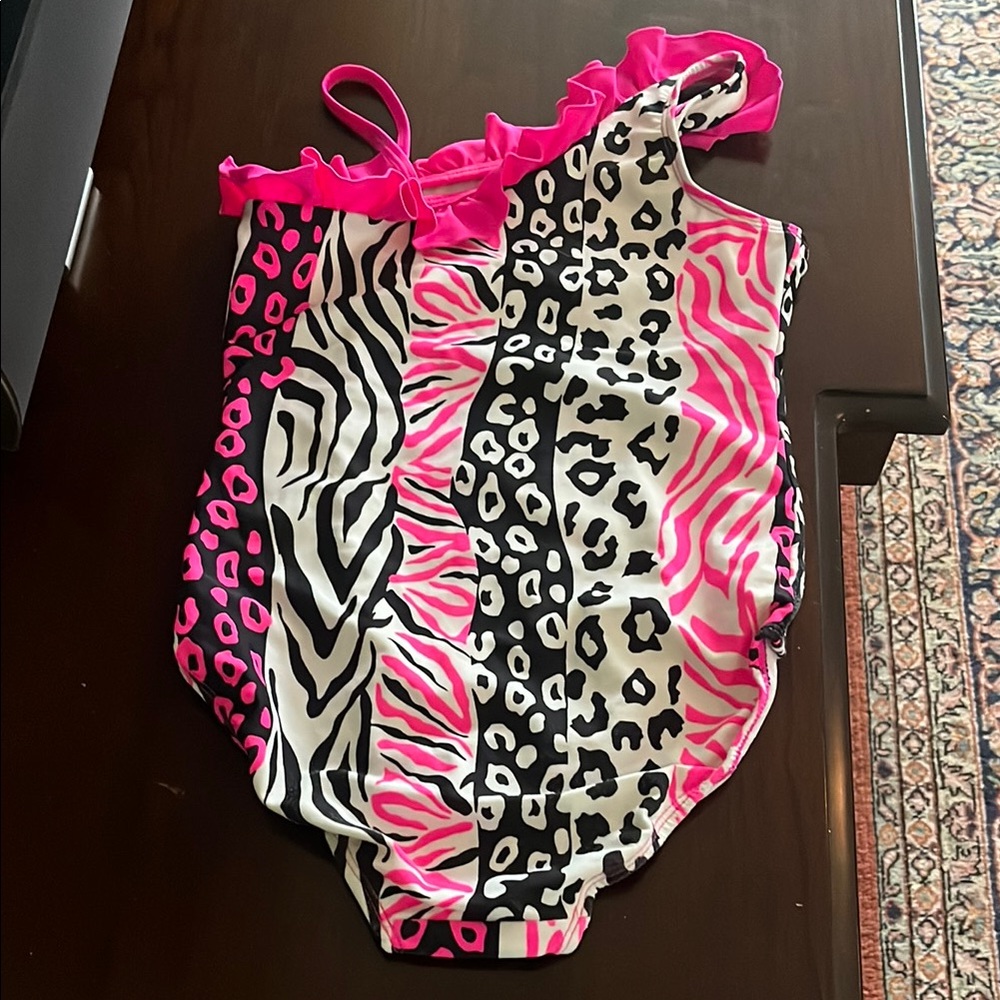 The Children's Place Pink and Black Animal Print One Piece Swimsuit. Size 12. - Picture 2 of 9